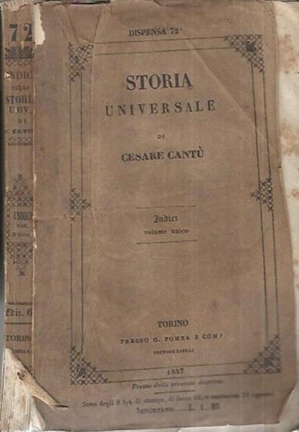 Storia Universale - Anno 1847 Indici Volume Unico - Cesare Cantù - copertina