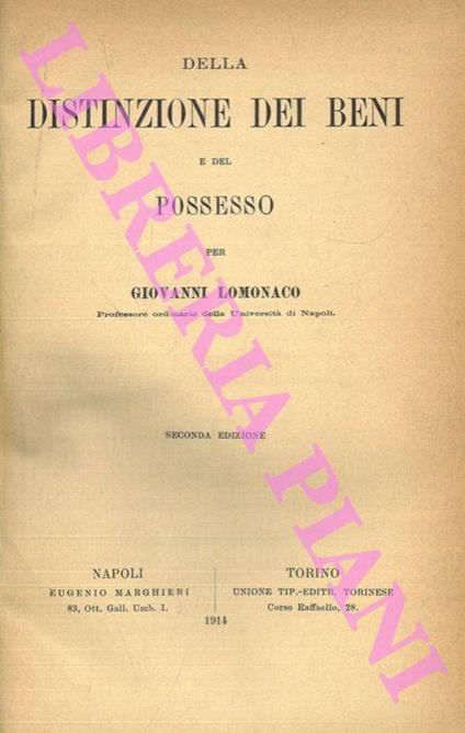 Della distinzione dei beni e del possesso - Giovanni Lomonaco - copertina