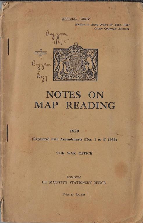 Notes on map reading 1929 (Reprinted with Amendments (Nos. 1 to 4, 1939). The war office - copertina