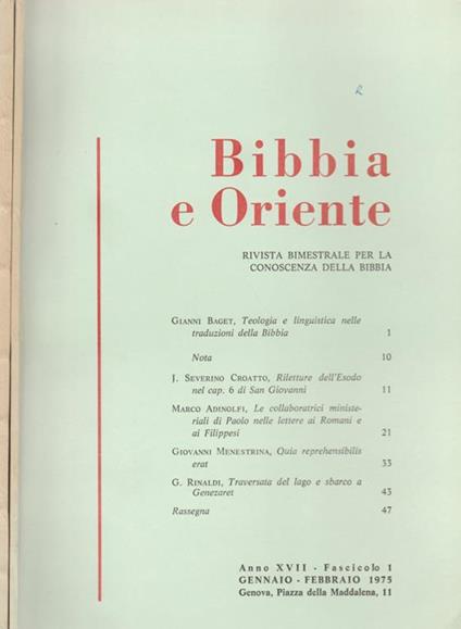 Bibbia e Oriente - Anno XVII - Fasc. 1 - 4/5 - 1975. Rivista bimestrale per la conoscenza della Bibbia - copertina