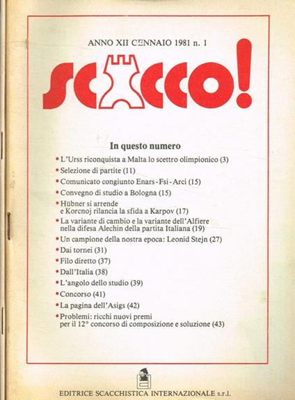 Scacco! Anno XII n.1, 6. Gennaio, giugno 1981 - copertina