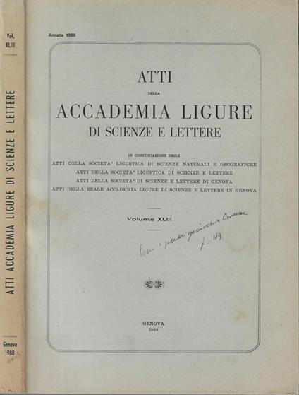 Atti della Accademia Ligure di scienze e lettere Volume XLIII annata 1986 - copertina