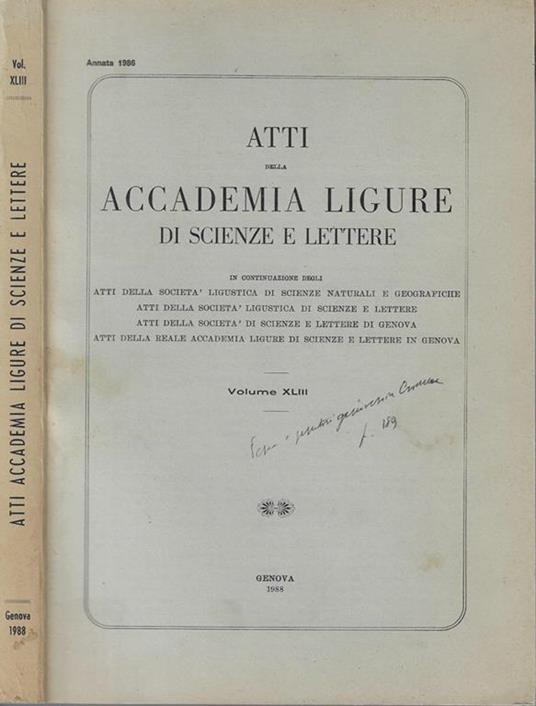 Atti della Accademia Ligure di scienze e lettere Volume XLIII annata 1986 - copertina
