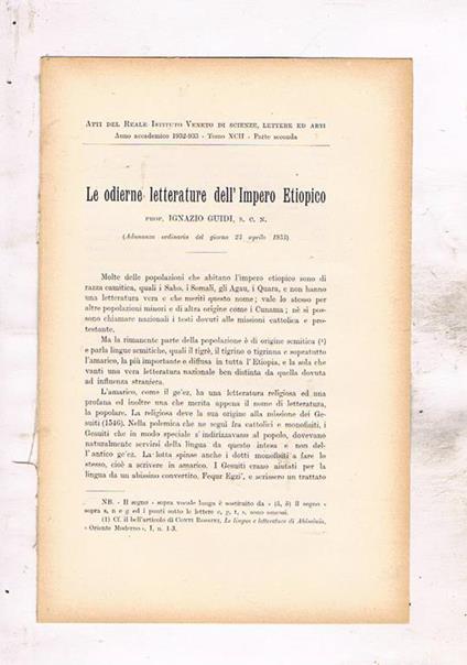 Le odierne letterature dell'impero etiopico. Estratto dagli atti del Reale Istit. Veneto di scienze lettere ed arti anno XCII 1932-33 - Ignazio Guidi - copertina