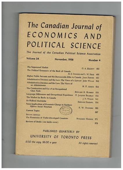The Canadian Journal of Economics and Political Science, the Journal of the Canadian Political Science Association. Anno 1958 n° 2,3,4 - copertina
