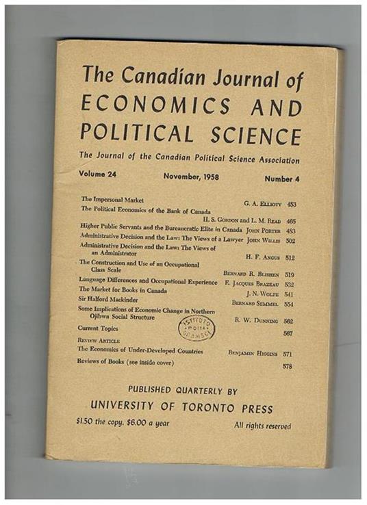The Canadian Journal of Economics and Political Science, the Journal of the Canadian Political Science Association. Anno 1958 n° 2,3,4 - copertina
