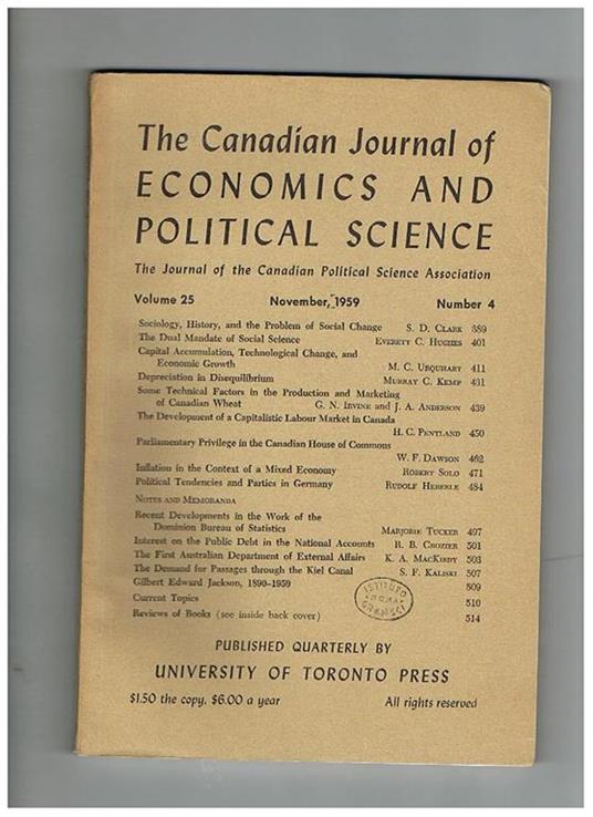 The Canadian Journal of Economics and Political Science, the Journal of the Canadian Political Science Association. Anno 1959 n° 1-4 - copertina