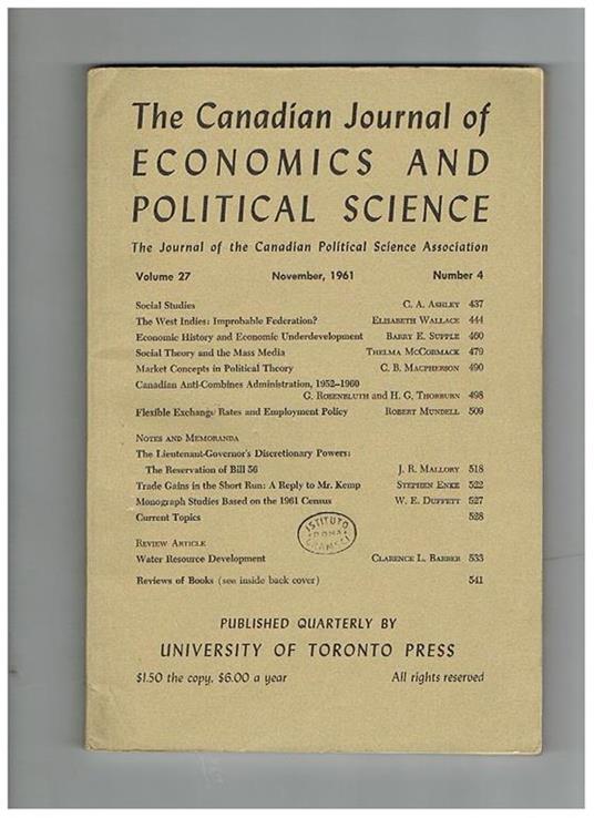 The Canadian Journal of Economics and Political Science, the Journal of the Canadian Political Science Association. Anno 1961 n° 1-4 - copertina