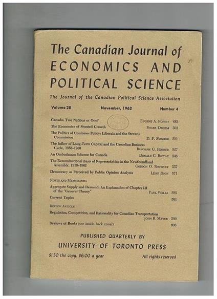 The Canadian Journal of Economics and Political Science, the Journal of the Canadian Political Science Association. Anno 1962 n° 1-4 - copertina