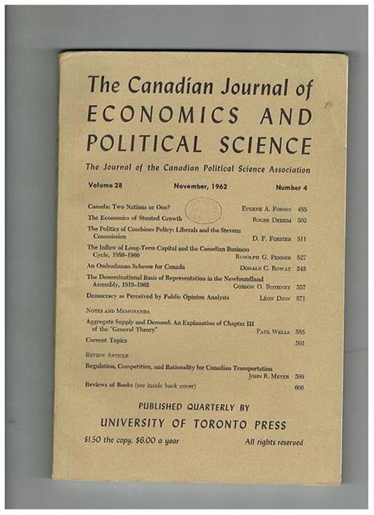 The Canadian Journal of Economics and Political Science, the Journal of the Canadian Political Science Association. Anno 1962 n° 1-4 - copertina
