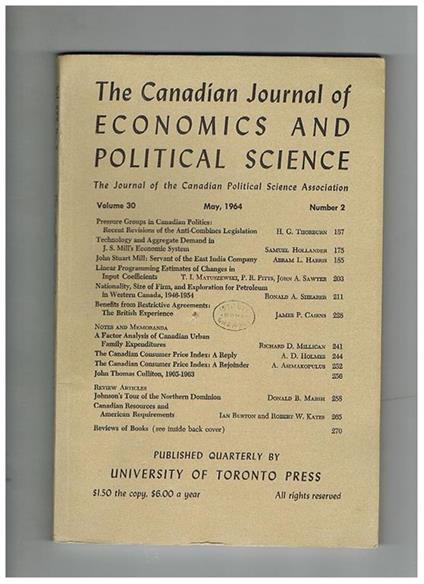 The Canadian Journal of Economics and Political Science, the Journal of the Canadian Political Science Association. Anno 1964 n° 2-4 - copertina