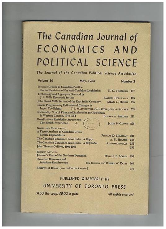 The Canadian Journal of Economics and Political Science, the Journal of the Canadian Political Science Association. Anno 1964 n° 2-4 - copertina