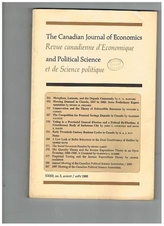 The Canadian Journal of Economics and Political Science, the Journal of the Canadian Political Science Association. Anno 1966 n° 1 e 3 - copertina