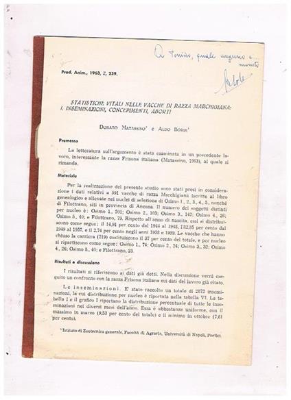 Statistiche vitali nelle vacche di razza marchigiana: inseminazione, concepimenti, aborti. Estratto - Donato Matassino - copertina