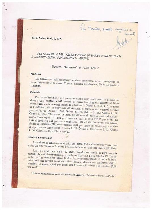 Statistiche vitali nelle vacche di razza marchigiana: inseminazione, concepimenti, aborti. Estratto - Donato Matassino - copertina