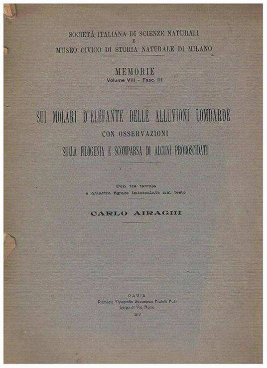 Sui molari d'elefante delle alluvioni lombarde, con osservazioni sulla filogenia e scomparsa di alcuni probiscidati. Estratto dal vol. VIII fasc. III delle memorie della società italiana di scienze naturali e museo civico di storia naturale di Milano - Carlo Airaghi - copertina