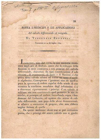 Sopra i principi e le applicazioni del calcolo differenziale ed integrale. Memoria presentata ai 24 di luglio 1804. Estratto dalle memorie dell'Istituto Nazionale Italiano. Tomo I° Parte II° - Vincenzo Brunacci - copertina