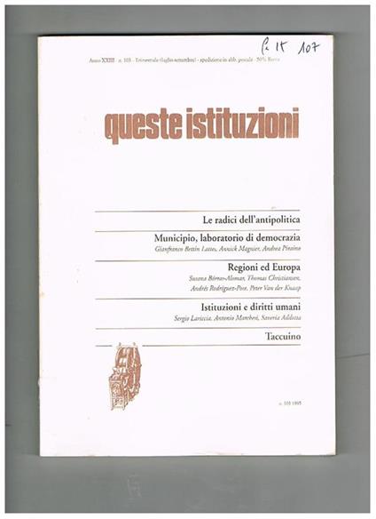 Queste istituzioni, trimestrale anno 1995 solo fasc. lug-set. e ott-dic - copertina