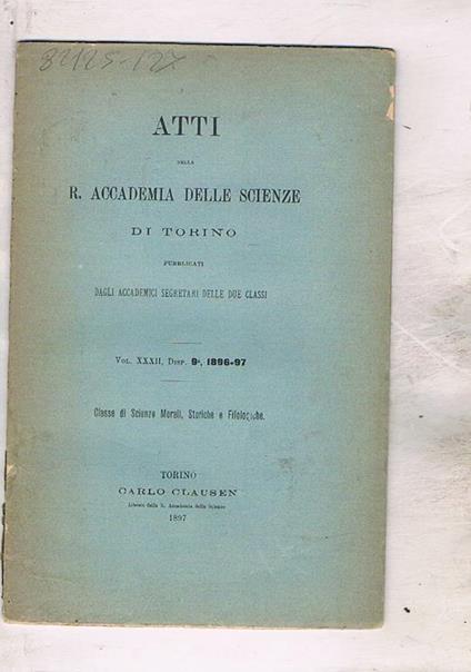 Alcuni studi per la storia della saltaria in un villaggio del Veronese 1524-1578 intorno all'origine dei testi di diritto canonico contenuti in un codice della capitolare di Verona ecc. Dispensa n° 9 del 1896-97 degli atti della R. Accademia delle scienze - copertina