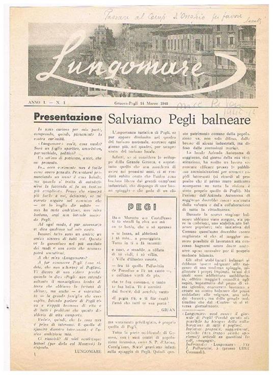 Lungomare, periodico di Genova-Pegli anno I° n° 1 del 14 marzo 1948. Contiene: salviamo Pegli balneare la giornata della donna, ecc - copertina