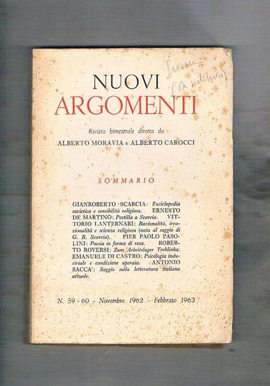 Nuovi Argomenti, rivista bimestrale n° 59-60 nov-dic 1962-63. G. Scaricia Enciclopedia sovietoca e sensibilità religiosa, E. De Martino postille a Scarcia, P. P. Pasolini poesia in forma di prosa, A. Saccà saggio sulla letteratura italiana, ecc - copertina