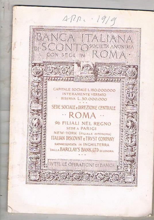 Emporium rivista n° apr. 1919 contiene: considerazioni Leonardo Da Vinci Architetto opere d'arte che ritornano da Vienna il recupero a Vienna dei cimeli bibliografici italiani ecc - copertina
