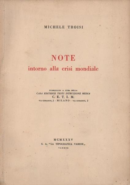 Note intorno alla crisi mondiale - Michele Troisi - copertina