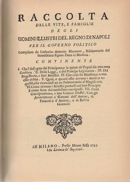 Raccolta Delle Vite, E Famiglie Degli Uomini Illustri Del Regno Di Napoli Ristampa Anastatica Del Testo Del 1755.(X011) - Lodovico Antonio Muratori - copertina