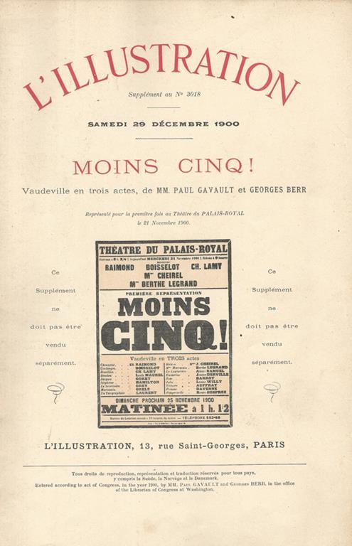 Moins Cinq! (Vaudeville en trois actes). Anno 1900 - L'Illustration - Supplemento al n. 3018 - Paul Gavault - copertina
