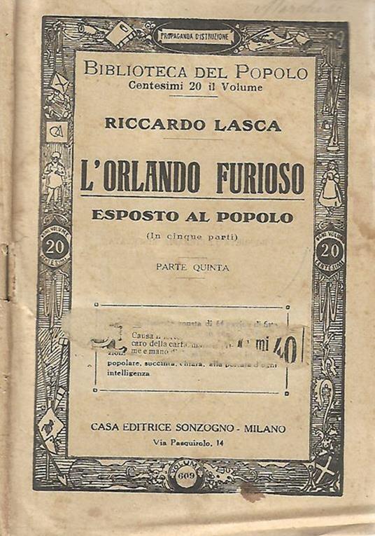 L’Orlando furioso esposto al popolo (parte quinta) - Riccardo Lasca - copertina