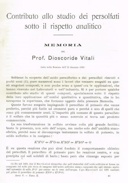 Contributo allo studio dei persolfati sotto il rispetto analitico - Dioscoride Vitali - copertina