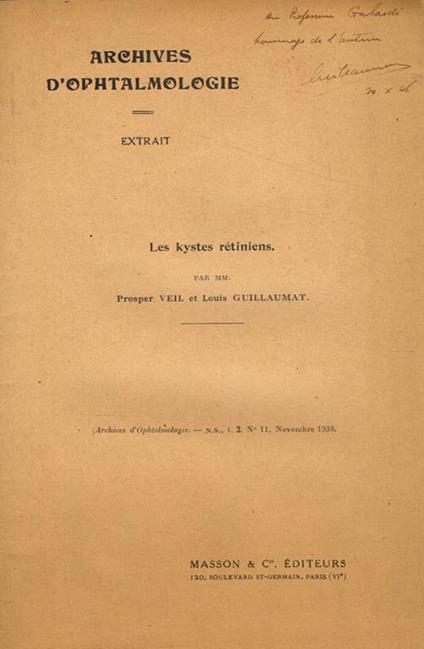 Les kystes retiniens. Archives d'ophtalmologie extrait, n.s. t.2 n.11, novembre 1938 - Prosper Veil - copertina