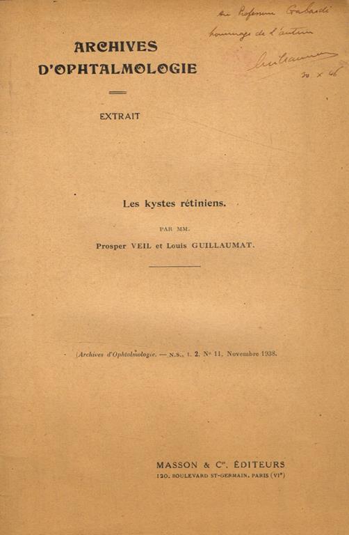 Les kystes retiniens. Archives d'ophtalmologie extrait, n.s. t.2 n.11, novembre 1938 - Prosper Veil - copertina