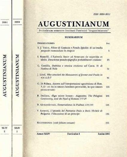 Augustinianum Anno Xliv- 2004 Fasc.I-Ii. Periodicum Semestre Instituti Patristici Augustinianum Di: Vittorino Grossi A Cura Di - copertina