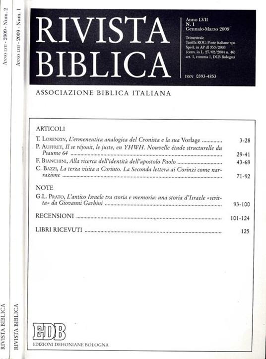 Rivista Biblica ( Numeri 1 E 2 Del 2009) - copertina