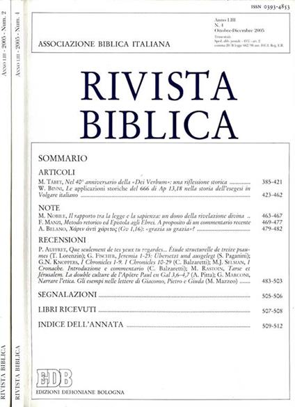 Rivista Biblica (Numeri 2 E 4 Del 2005) - copertina