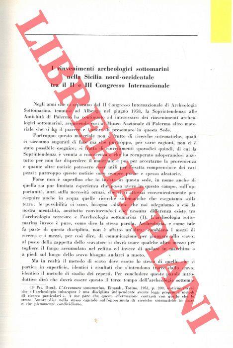 I rinvenimenti archeologici sottomarini nella Sicilia nord-occidentale tra il II e il III Congresso Internazionale. Esplorazioni su alcuni carichi di marmo e pezzi architettonici davanti alle coste della Sicilia Orientale. Il problema del tempio di H - Vincenzo Tusa - copertina
