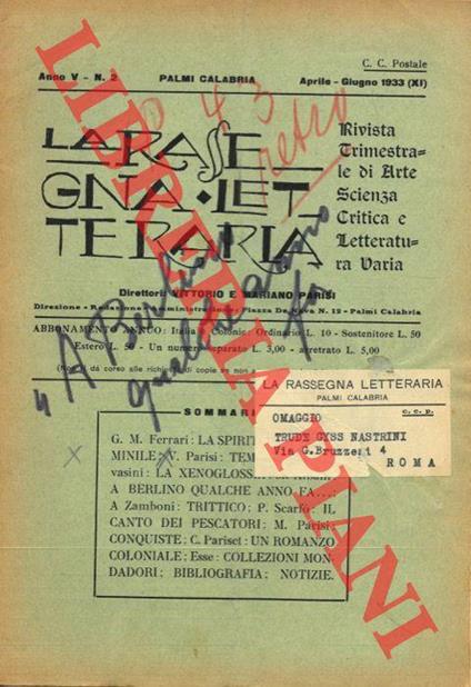 La rassegna letteraria. Dir. Vittorio e Mariano Parisi - copertina