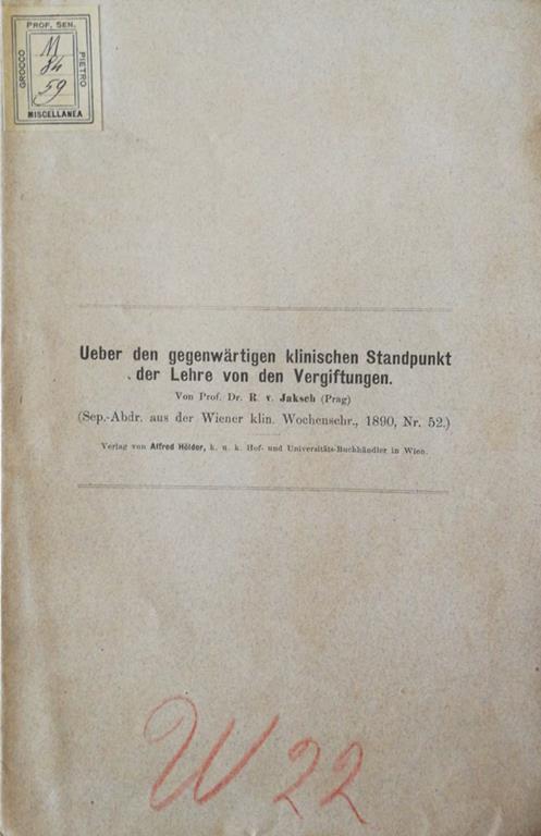 Ueber den gegenwartigen klinischen standpunkt der lehre von den vergiftungen - copertina