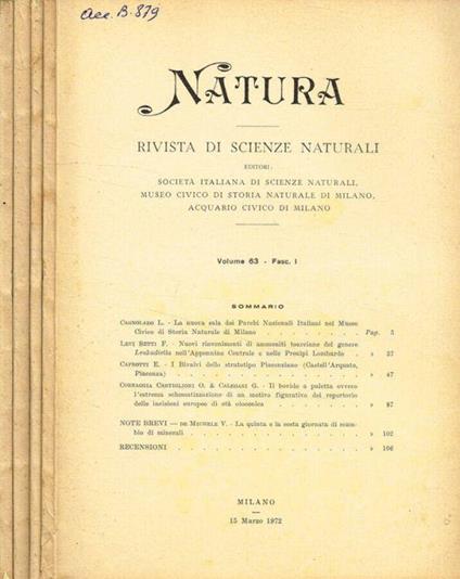 Natura. Rivista di scienze naturali. Vol.63 fasc.1, 2, 3, 4, anno 1972 - Cesare Conci - copertina