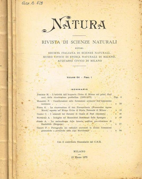 Natura. Rivista di scienze naturali. Vol.64 fasc.1, 2, 3/4, anno 1973 - Cesare Conci - copertina