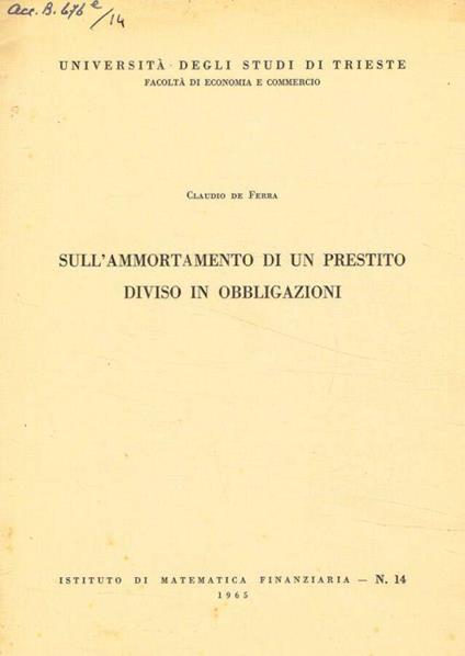 Sull'ammortamento di un prestito diviso in obbligazioni - Claudio De Ferra - copertina