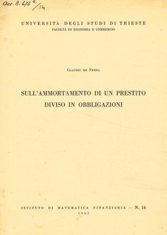 Sull'ammortamento di un prestito diviso in obbligazioni - Claudio De Ferra - copertina
