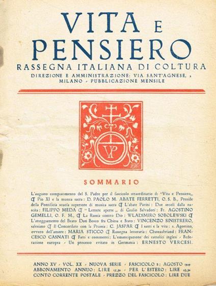 Vita e pensiero. Rassegna italiana di coltura. Nuova serie fascicolo 8, agosto 1929 - Agostino Gemelli - copertina