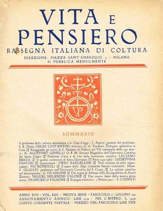 Vita e pensiero. Rassegna italiana di coltura. Nuova serie fascicolo 6, giugno 1931 - Agostino Gemelli - copertina