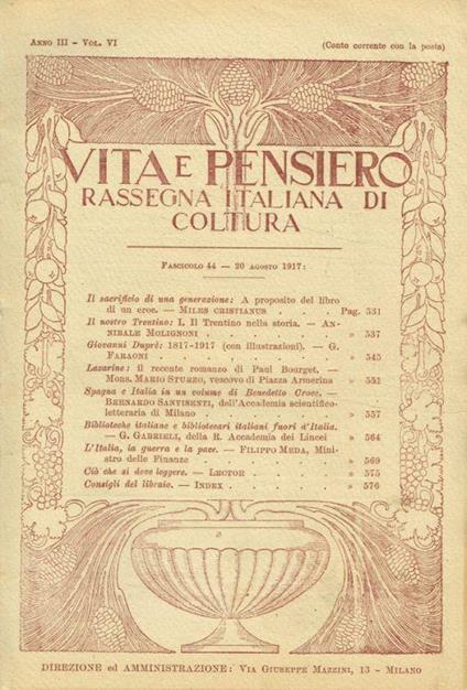 Vita e pensiero. Rassegna italiana di coltura. Anno III vol.VI, fascicolo 44, 20 agosto 1917 - Agostino Gemelli - copertina