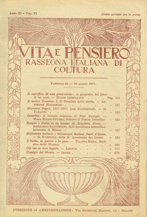 Vita e pensiero. Rassegna italiana di coltura. Anno III vol.VI, fascicolo 44, 20 agosto 1917 - Agostino Gemelli - copertina