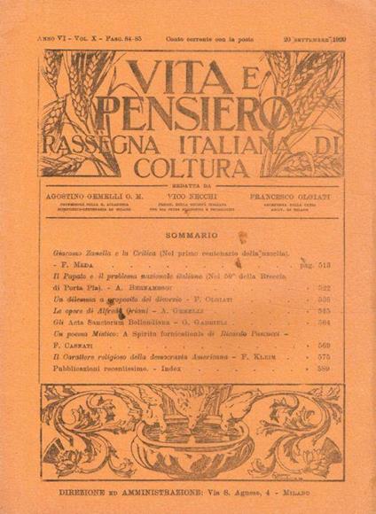 Vita e pensiero. Rassegna italiana di coltura. Anno VI vol.X, fascicolo 84-85, 20 settembre 1920 - Agostino Gemelli - copertina