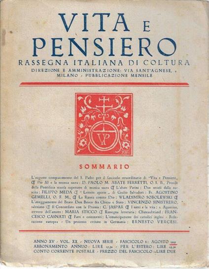 Vita e pensiero anno 1929 n. 8 - Agostino Gemelli - copertina