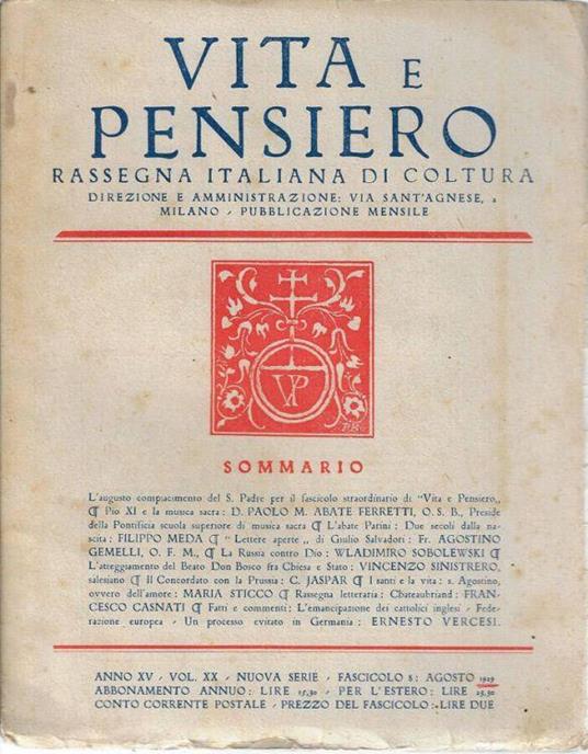 Vita e pensiero anno 1929 n. 8 - Agostino Gemelli - copertina
